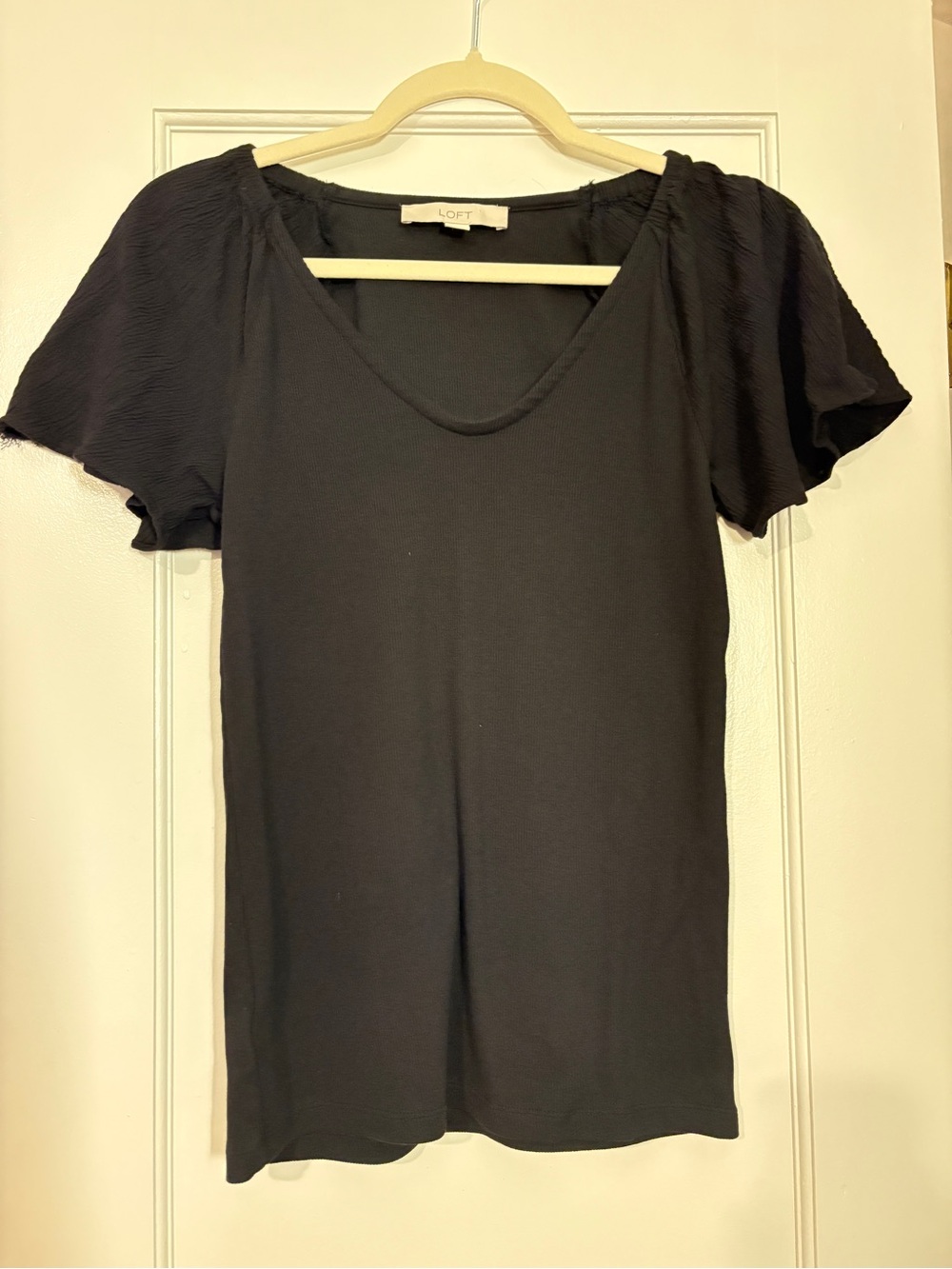LOFT Black Short Sleeve Scoop Neck Top with Textured Sleeves